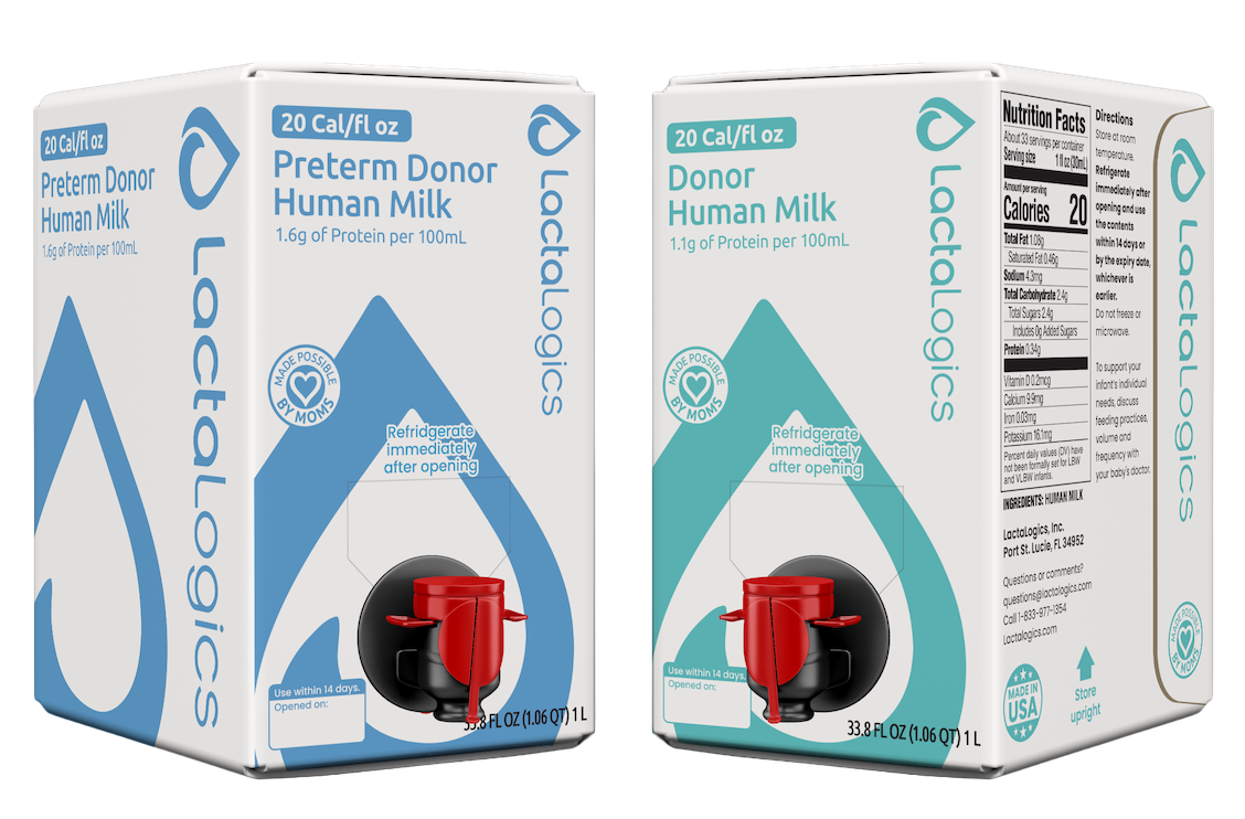 Two shelf-stable LactaLogics donor human milk cartons side by side, one labeled Preterm Donor Human Milk in blue and one labeled Donor Human Milk in teal, each with a red spout.